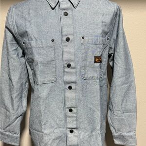 Volcom Grey-Blue Denim Work Shirt with Orange Logo Patch